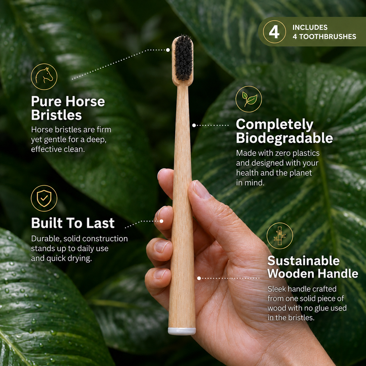 4-Pack Horse Bristle Bamboo Toothbrush