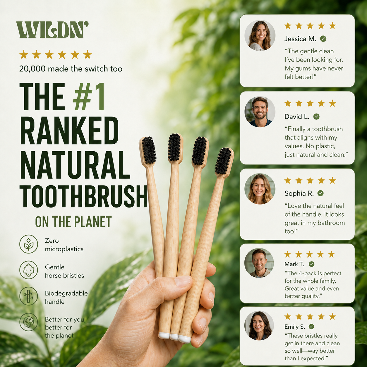 4-Pack Horse Bristle Bamboo Toothbrush