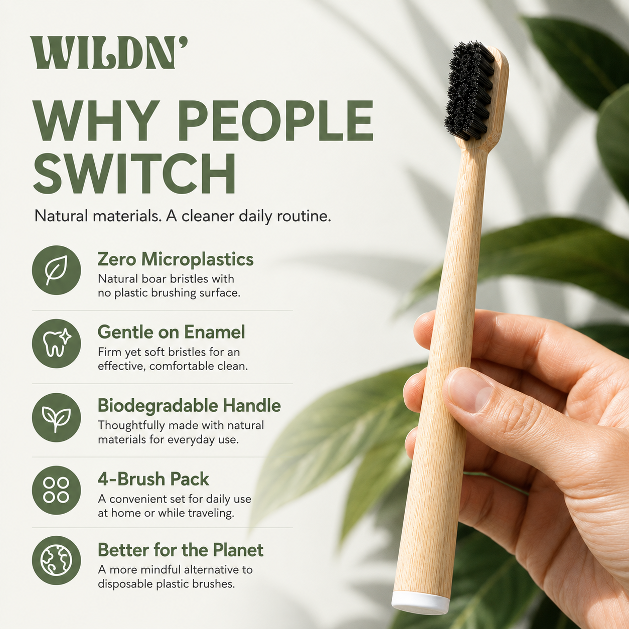4-Pack Horse Bristle Bamboo Toothbrush